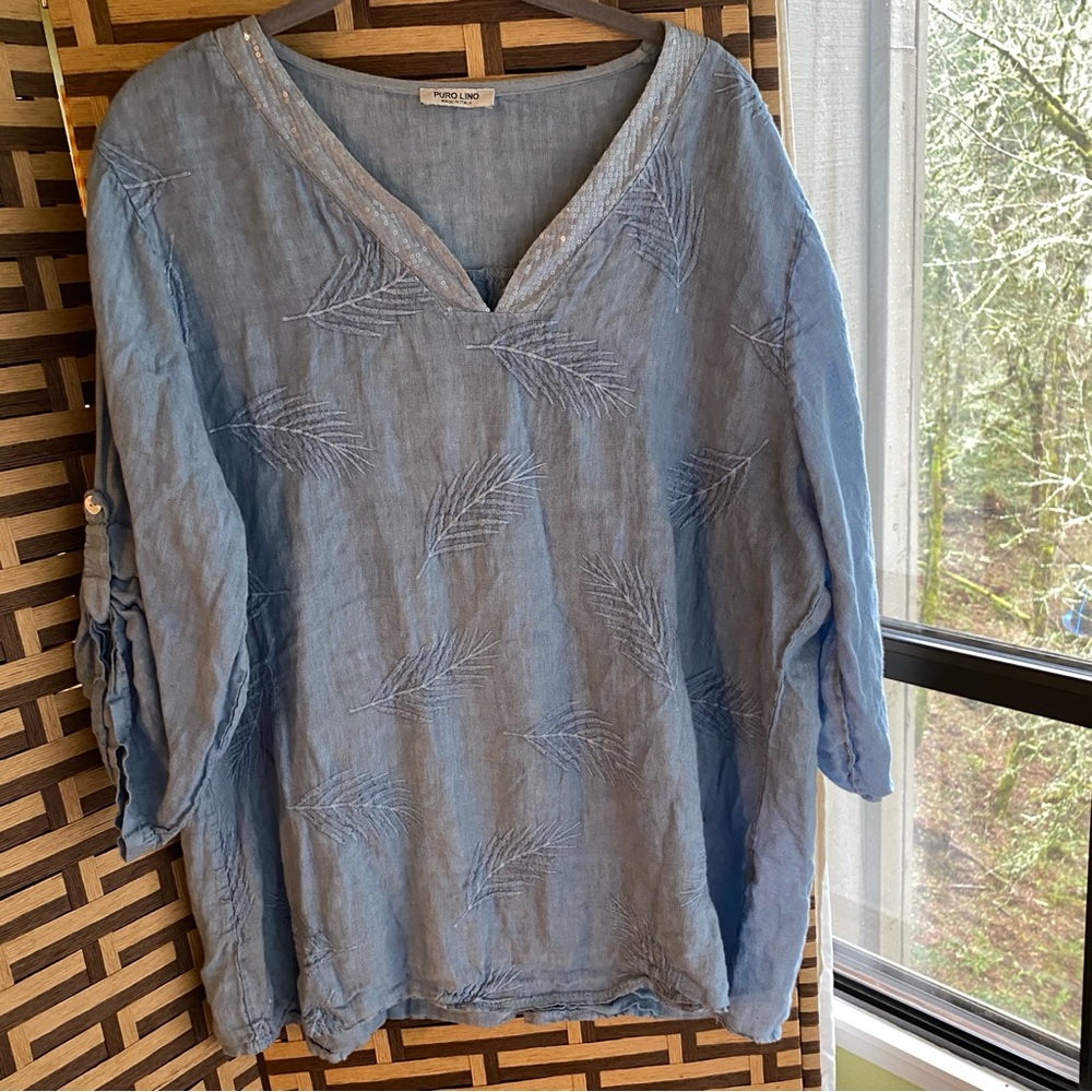 PURO LINO Italian Linen Tunic Top Embroidered Sequined Women Large/XL 3/4 Sleeve